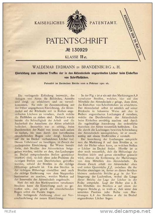 Original Patentschrift - W. Erdmann In Brandenburg A. Havel , 1901 , Aktenordner , Akten , Büro , Bureau !!! - Other & Unclassified