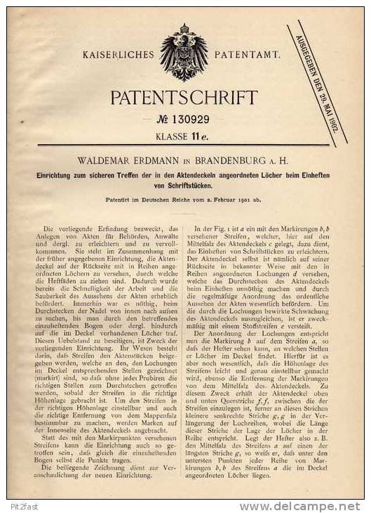 Original Patentschrift - W. Erdmann In Brandenburg A. Havel , 1901 , Aktenordner , Akten , Büro , Bureau !!! - Sonstige & Ohne Zuordnung