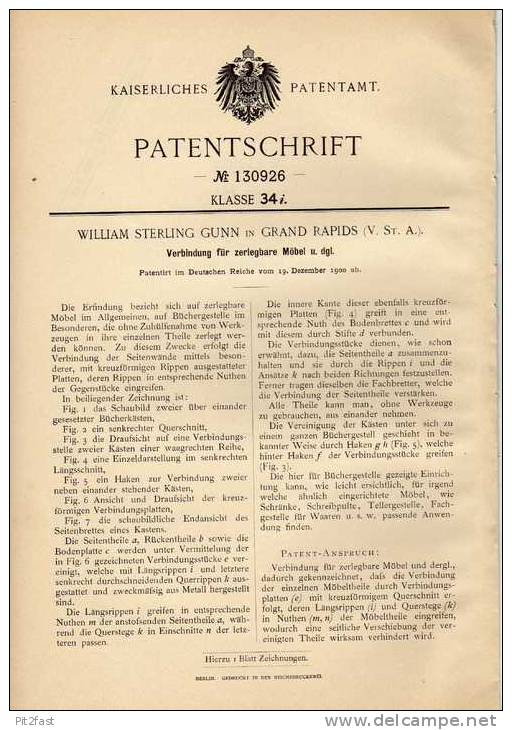 Original Patentschrift - W. Gunn In Grand Rapids , 1900 , Zelegbare Möbel , Schrank , Kommode  !!! - Autres & Non Classés