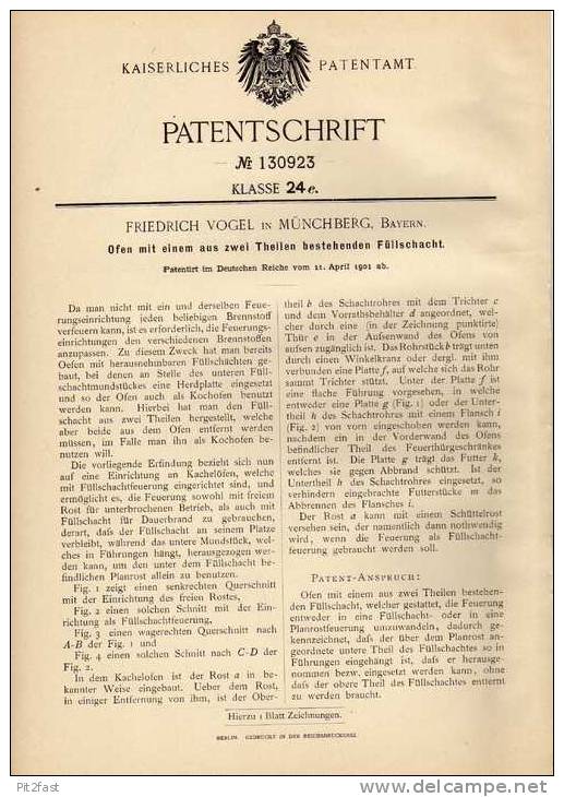 Original Patentschrift - F. Vogel In Münchberg , Bayern , 1901 , Ofen , Kamin , Heizung !!! - Sonstige & Ohne Zuordnung