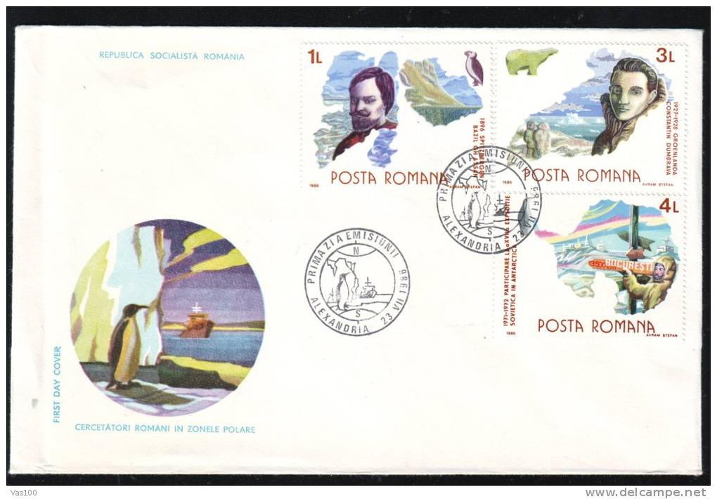 PINGUIN, ROMANIAN EXPLORERS IN POLAR REGIONS, 1986, COVER FDC, ROMANIA - Pingouins & Manchots