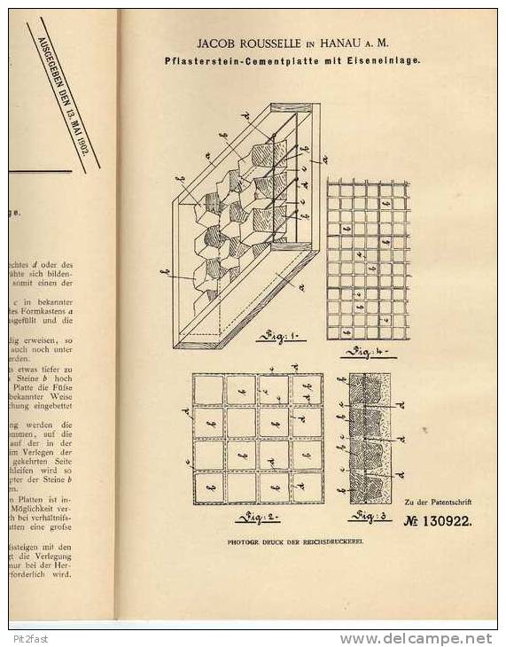 Original Patentschrift - J. Rousselle In Hanau A.M., 1901 , Pflasterstein Mit Eiseneinlage , Pflaster , Straßenbau !!! - Architecture