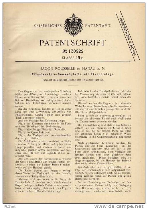 Original Patentschrift - J. Rousselle In Hanau A.M., 1901 , Pflasterstein Mit Eiseneinlage , Pflaster , Straßenbau !!! - Arquitectura