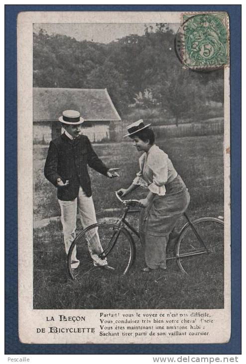 CP ANIMEE LA LECON DE BICYCLETTE - J. C. PARIS - CIRCULEE EN 1907 - Cyclisme