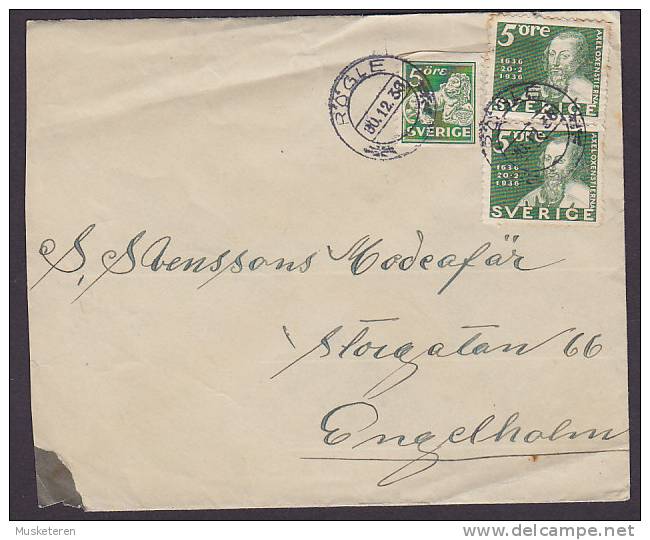 Sweden RÖGLE 1936 Cover Sent To ENGELHOLM Axel Oxenstierna (Pair) & Lion Stamp - Lettres & Documents