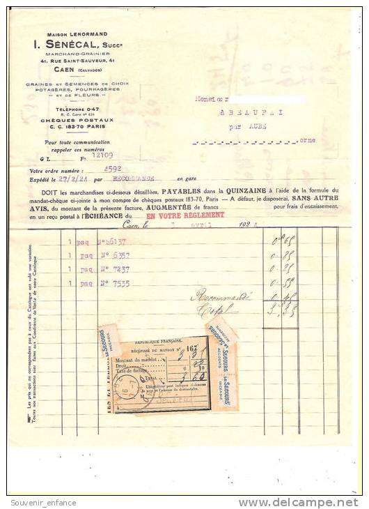 Facture Sénécal  41 Rue Saint Sauveur Caen 14 Calvados Maison Lenormand - Agriculture