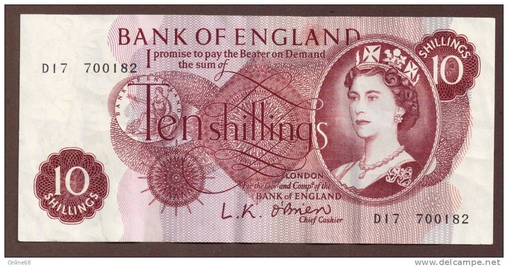 GB 10 SHILLINGS  1961-62  SERIAL D17 700182  P# 373a  Sign. L.K. O'Brien - 10 Pounds