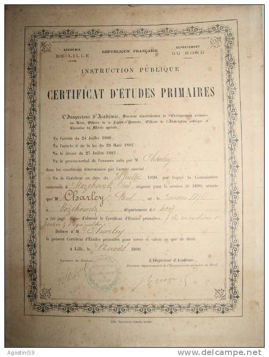 Certificat D'Etudes Primaires 1890 -  M. CHARLEY Paul D'Hazebrouck - Diploma's En Schoolrapporten