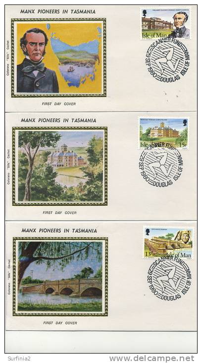 IOM FDC - 1980 MANX PIONEERS IN TASMANIA - SET OF 5 SILK COVERS - Isola Di Man