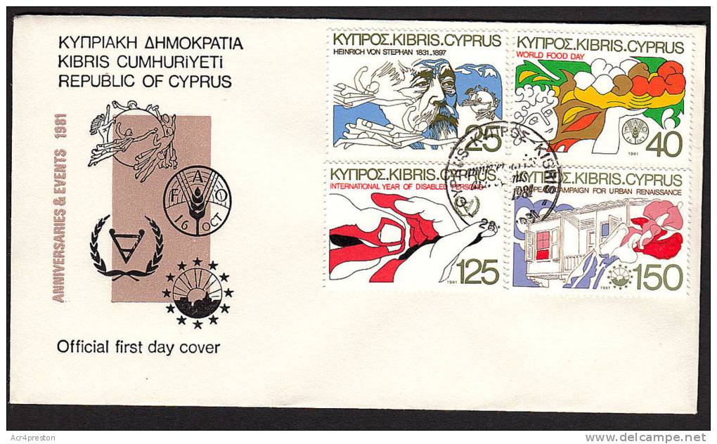 Cov462 Cyprus 1981, Aniversaries, Von Stephan, World Food Day, Year Of The Disabled, Urban Rennaisance, FDC - Brieven En Documenten