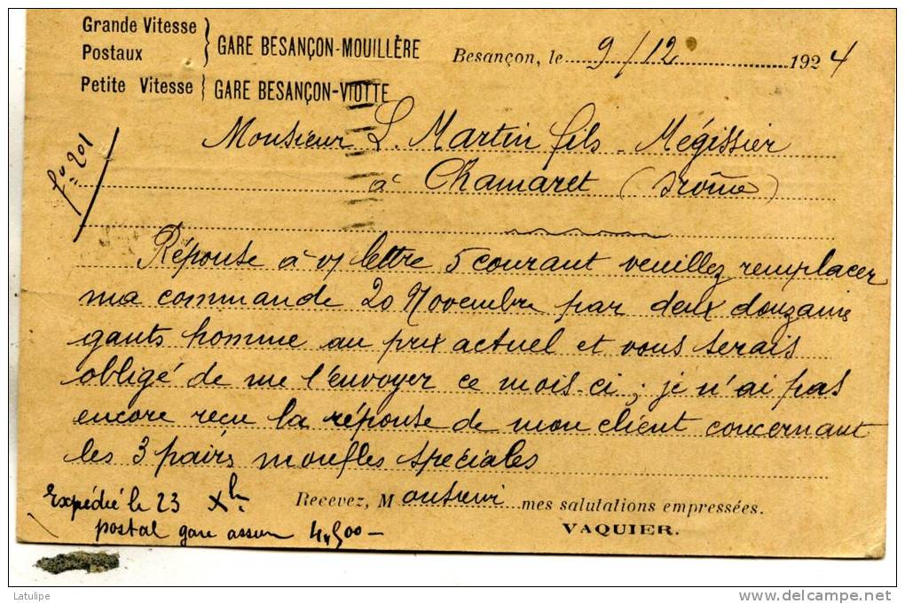 Carte De Commande De Mr Vaquier Sellerie-a Besançon  Depot A Strasbourg  Adressé A Mr-Martin Megisserie A Chamaret - Mercanti