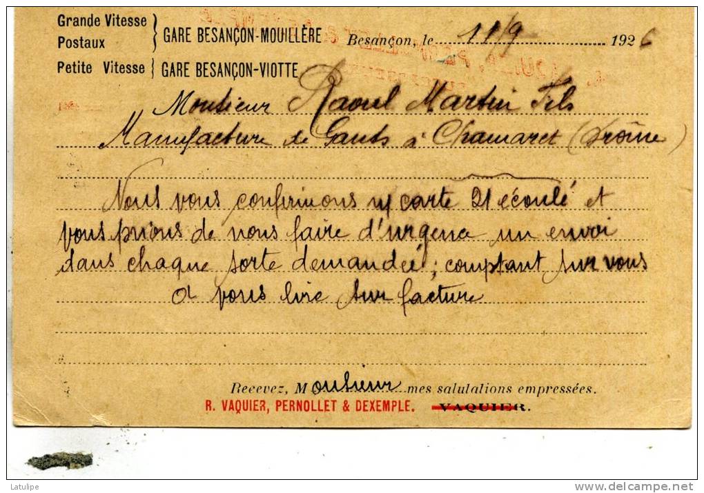 Carte De Commande De Mr Vaquier-Pernollet-Dexemple Sellerie A Besançon   Adressé A Mr-Martin Megisserie A Chamaret - Marchands