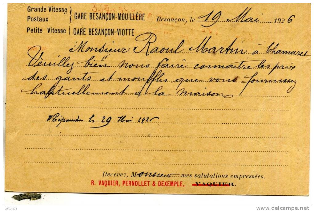 Carte De Commande De Mr Vaquier-Pernollet-Dexemple Sellerie A Besançon  Adressé A Mr-Martin Megisserie A Chamaret - Marchands