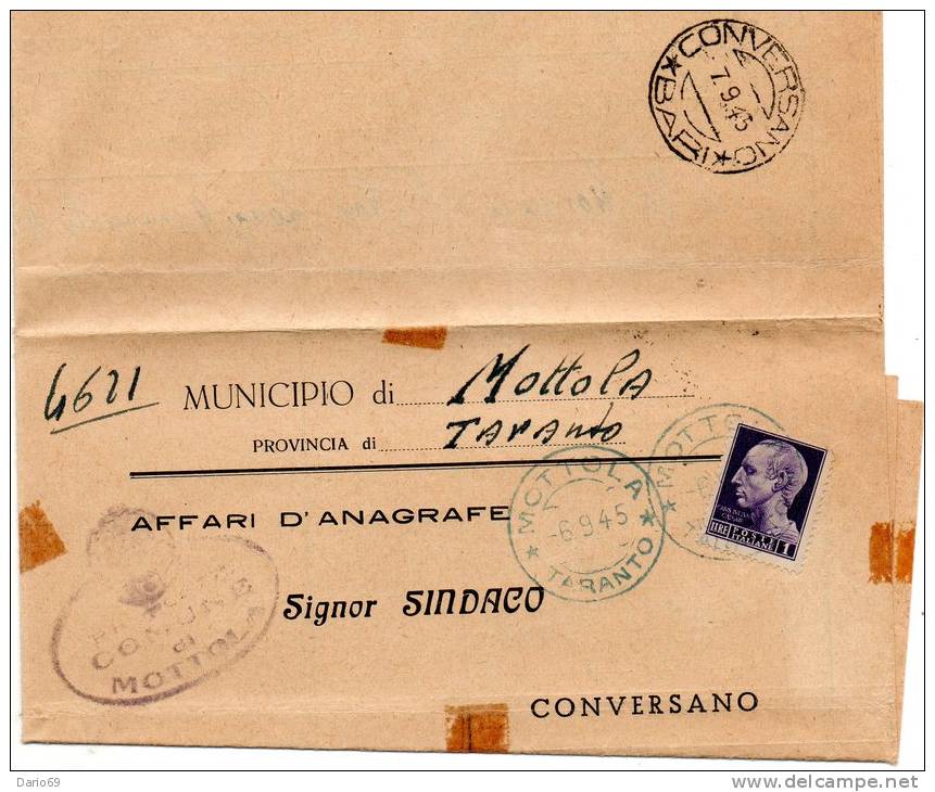 1945  LETTERA    CON ANNULLO  MOTTOLA  TARANTO + CONVERSANO - Marcophilie