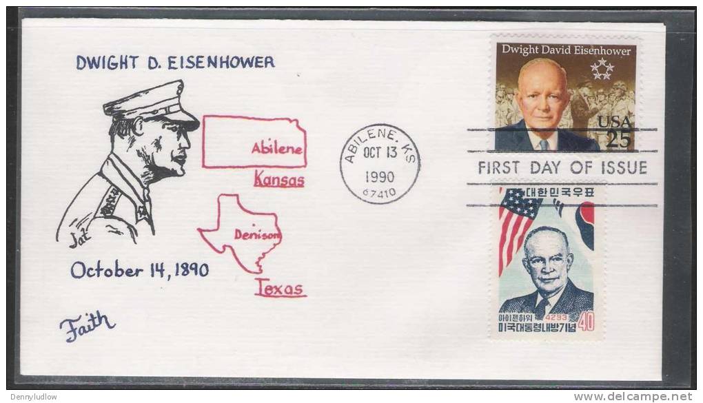 US/South Korea 1990  25c General Eisenhower Joint Issue On Faith Combo FDC  RenaM - Militares
