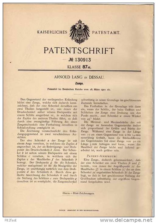 Original Patentschrift - A. Lang In Dessau , 1901 , Zange , Werkzeug , Schlosserei , Werkstatt !!! - Antike Werkzeuge