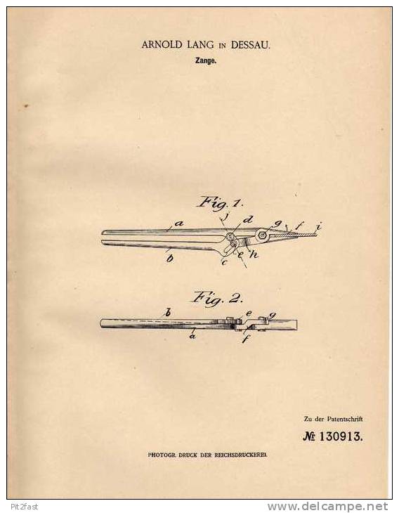 Original Patentschrift - A. Lang In Dessau , 1901 , Zange , Werkzeug , Schlosserei , Werkstatt !!! - Antike Werkzeuge