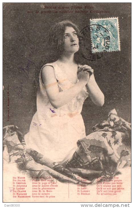 PRIERE D'UNE JEUNE FILLE SUR LE POINT DE COIFFER SAINTE CATHERINE PHOTO BERGERET CIRCULEE 1904 - Bergeret