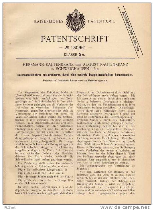 Original Patentschrift - H. Rautenkranz In Schweighausen , 1901 , Bohrer Mit Schneidbacken , Schweighouse !!! - Antike Werkzeuge