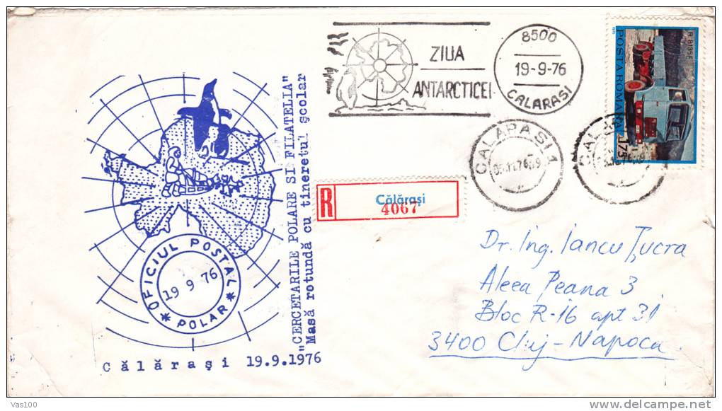 PINGUINS, POLAR PHILATELY, 1976, REGISTRED SPECIAL COVER, OBLITERATION CONCORDANTE, ROMANIA - Pingouins & Manchots