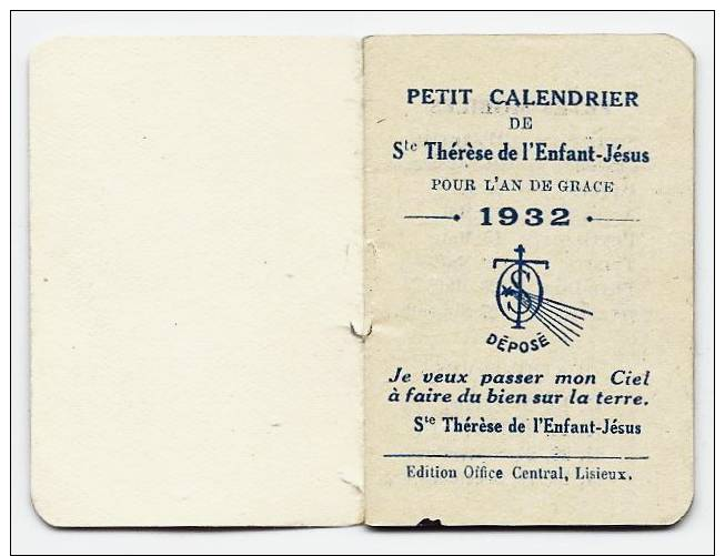 Petit Calendrier 1932  Sainte Thérèse - Images Religieuses