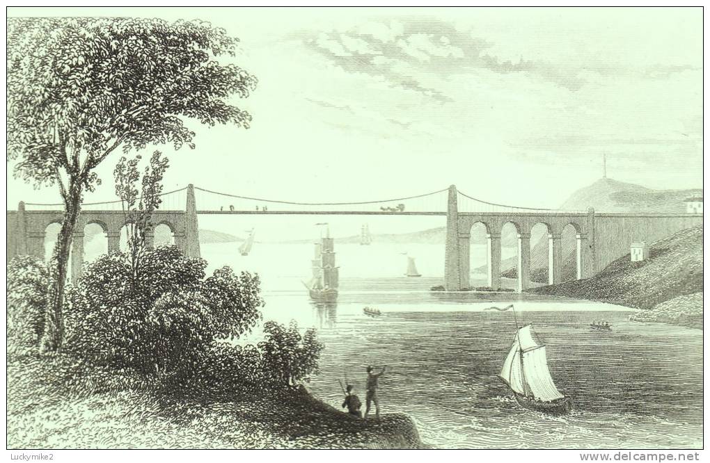 1846 Print Of "The Suspension Bridge, Near Bangor, Caernarvonshire" Probably By 'J Archer'. - Prints & Engravings