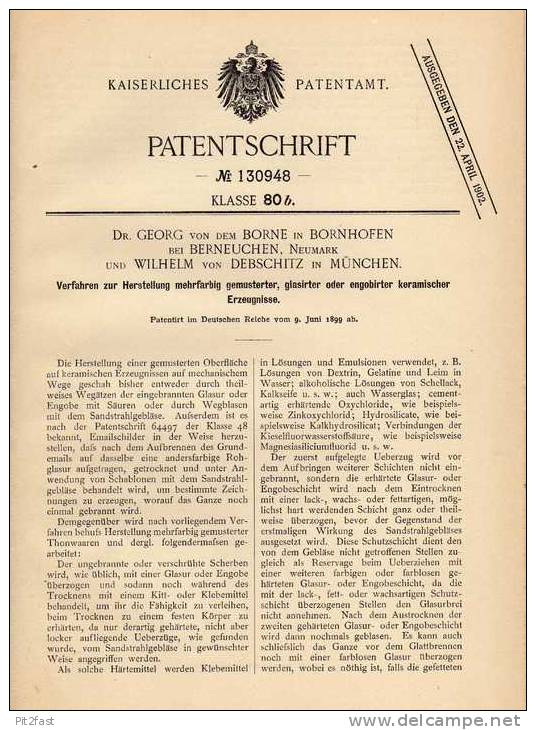 Original Patentschrift - Dr. Von Borne In Bornhofen B. Berneuchen , 1899 , Glasierung , Barnówko ! - Neumark