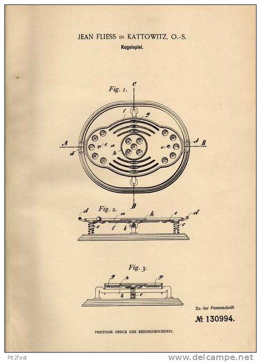 Original Patentschrift - J. Fliess In Kattowitz , 1901 , Kugelspiel , Spiel !!! - Toy Memorabilia