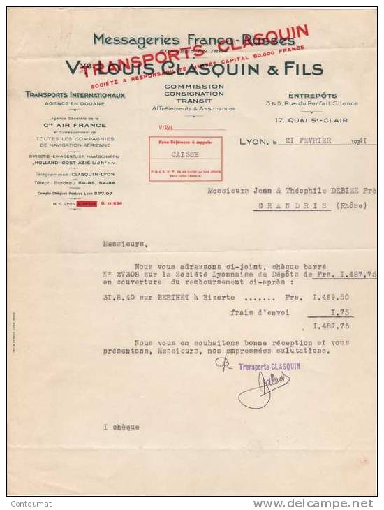 69 LYON COURRIER MESSAGERIES FRANCO RUSSES  Transports CLASQUIN  1941 - V11 - Transportmiddelen