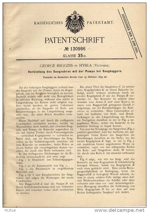 Original Patentschrift - G. Higgins In Hybla , 1899 , Pumpe Für Saugbagger , Bagger !!! - Sonstige & Ohne Zuordnung