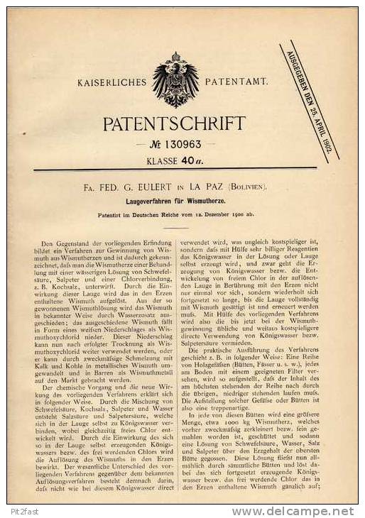 Original Patentschrift - Fa. Euler In La Paz , Bolivien , 1900 , Laugeverfahren Für Wismutherze , Erz , Bodenschatz !!! - Sonstige & Ohne Zuordnung