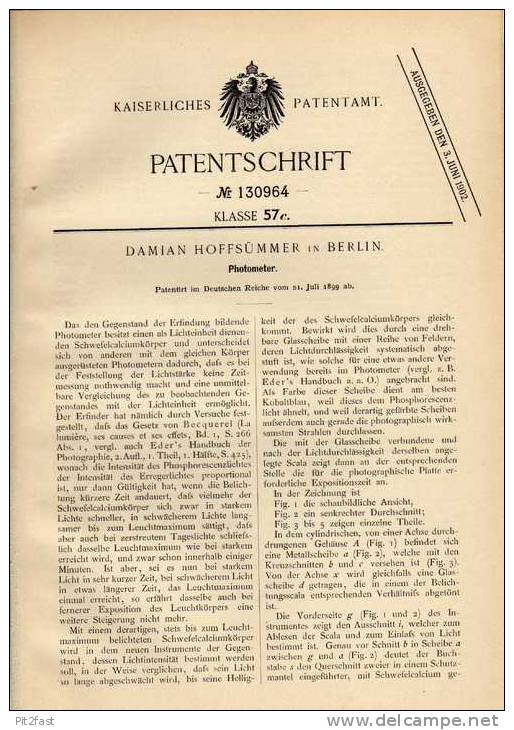 Original Patentschrift - Photometer , Photographie , 1899 , D. Hoffsümmer In Berlin !!! - Matériel & Accessoires