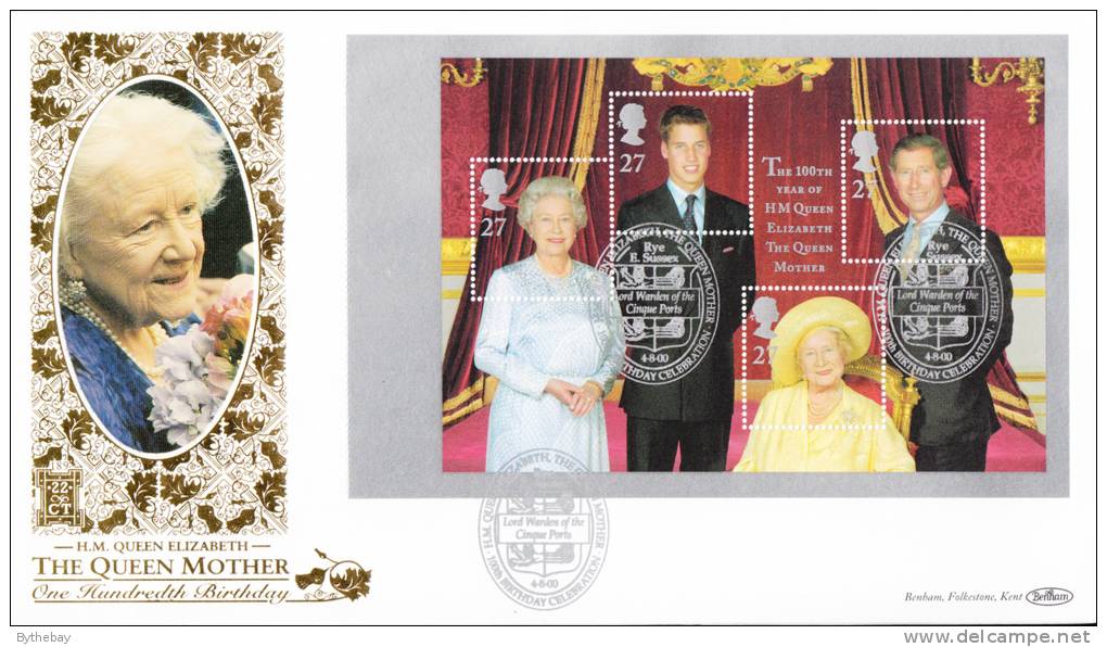 Great Britain FDC Scott #1943e Booklet Pane Souvenir Sheet With Silver Border - Queen Mother´s 100th Birthday - 1991-2000 Em. Décimales