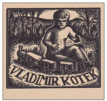 Child Playing With Toy Train 'Exlibris', Vladimir Kotek, 10-20s - Games & Toys