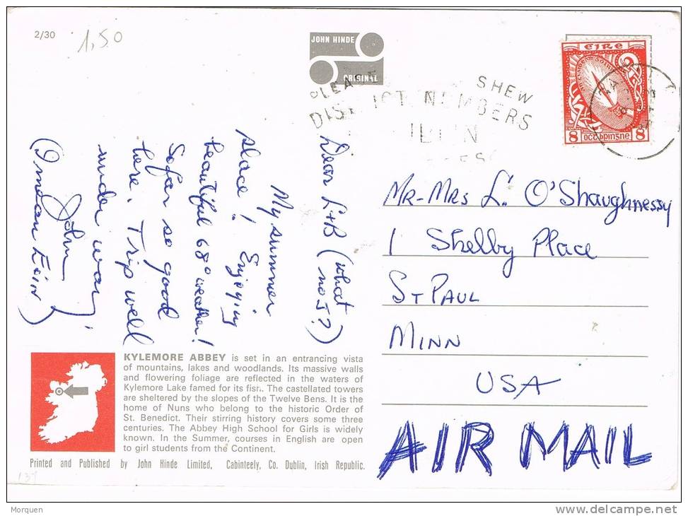 Postal Aerea DUBLIN (Irlanda) 1967- Kylemoore Abbey - Briefe U. Dokumente