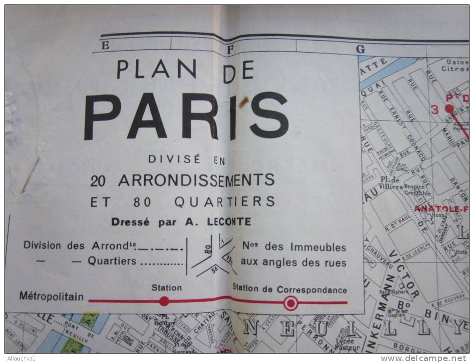 Plan (éclair dé, Carte Géographique et réseau métropolitain de Paris banlieue à. Leconte éditeuréchelle de 1 /17.500 éme