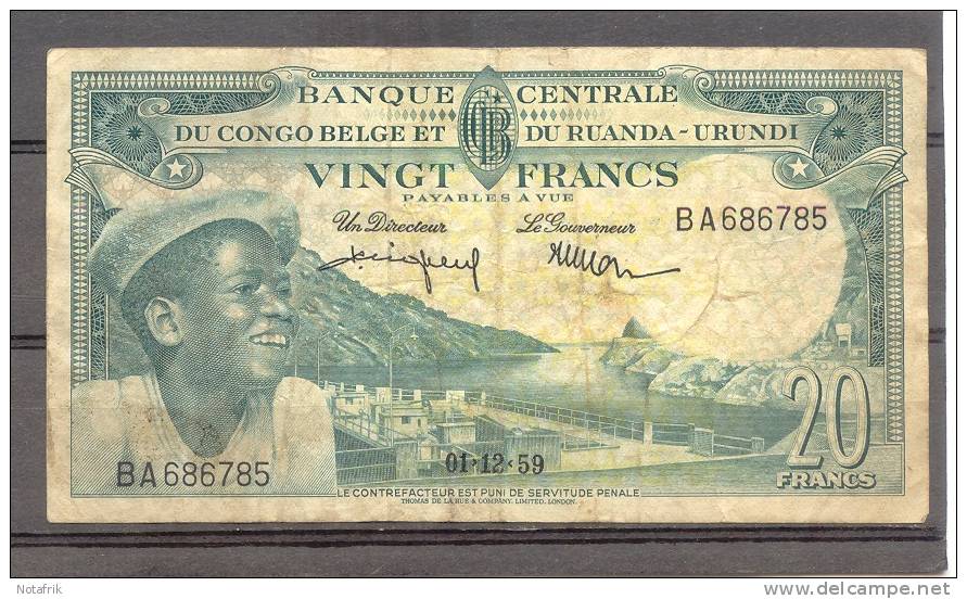 Belgian Congo Rwanda Burundi 20 Fr 1959 Fine - Sonstige – Afrika