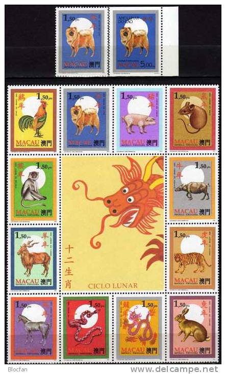 Jahr Des Hundes Chinesische Kalender 1994 Macau 746 C, 833 + 12-Block ** 32€ M/s Fauna Stamp 1995 Dog Out Sheet Bf Macao - Markenheftchen