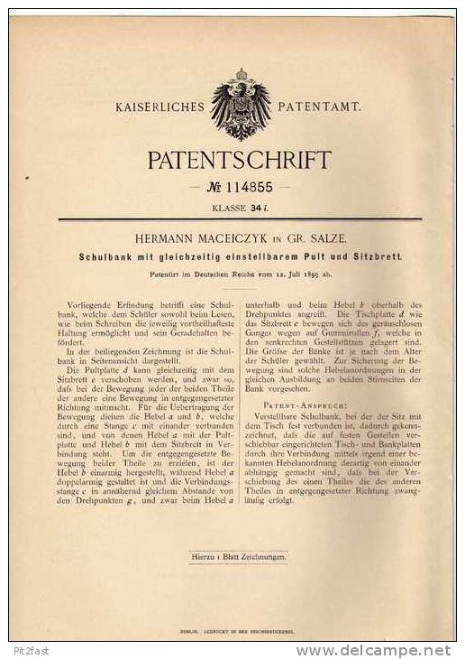 Original Patentschrift - H. Maceiczyk In Gr. Salze , 1899 , Schulbank , Schule !!! - Sonstige & Ohne Zuordnung