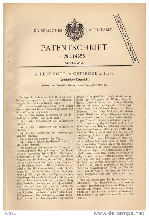 Original Patentschrift - A. Rott In Osterode A. Harz , 1899 , Dreibeiniger Klappstuhl , Stuhl !!! - Sonstige & Ohne Zuordnung