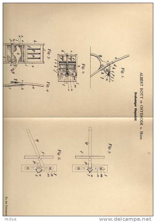 Original Patentschrift - A. Rott In Osterode A. Harz , 1899 , Dreibeiniger Klappstuhl , Stuhl !!! - Sonstige & Ohne Zuordnung