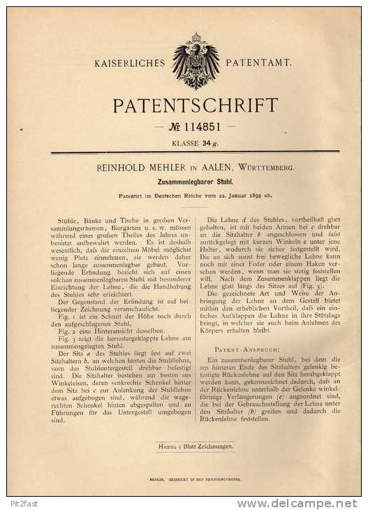 Original Patentschrift - R. Mehler In Aalen , Württemberg , 1899 , Zusammenlegbarer Stuhl !!! - Sonstige & Ohne Zuordnung