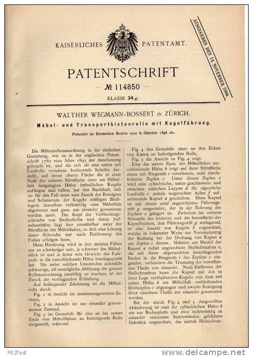 Original Patentschrift - W. Wegmann - Bossert In Zürich , 1898 , Möbel - Und Transportkistenrolle !!! - Autres & Non Classés