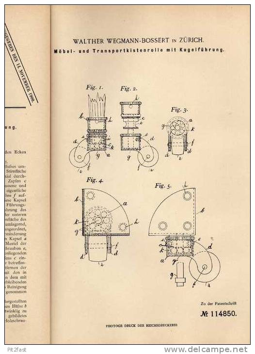 Original Patentschrift - W. Wegmann - Bossert In Zürich , 1898 , Möbel - Und Transportkistenrolle !!! - Autres & Non Classés