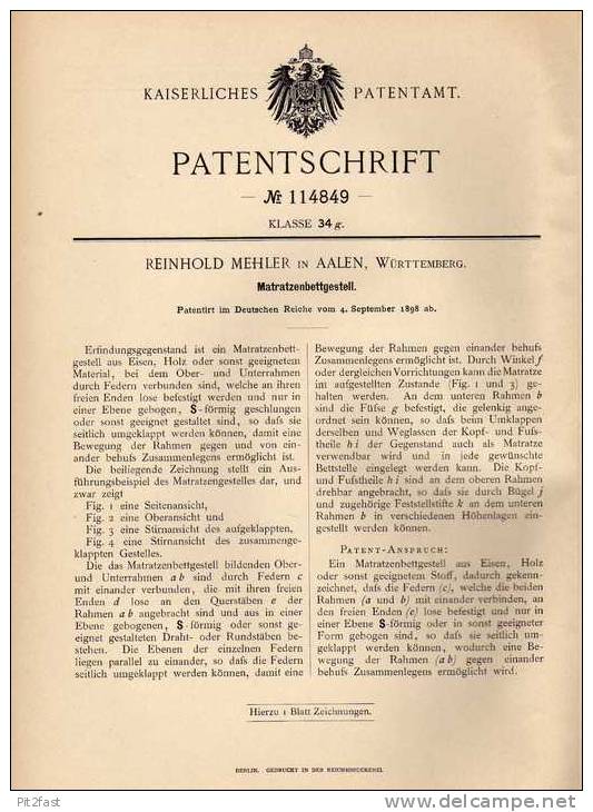 Original Patentschrift - R. Mehler In Aalen , Württemberg , 1898 , Bettgestell Für Matratze , Bett !!! - Sonstige & Ohne Zuordnung