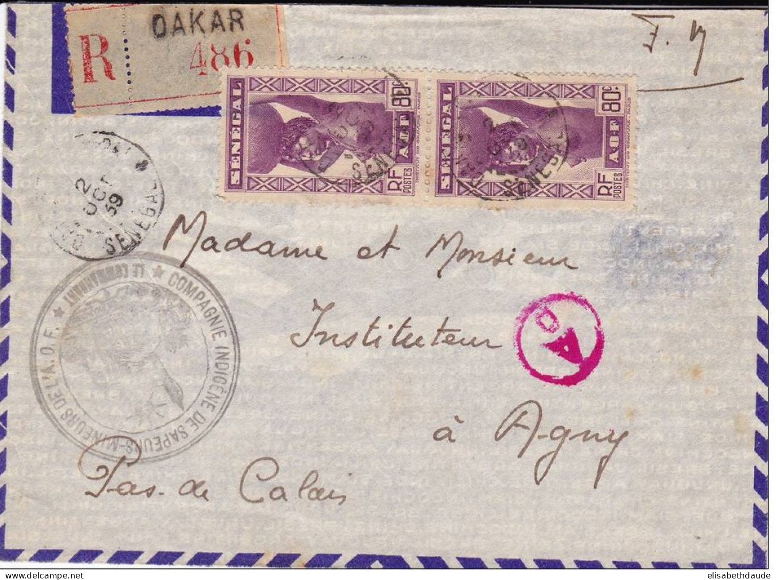 SENEGAL - 1939 - INDIGENE Des SAPEURS MINEURS De L'AOF ! - ENVELOPPE FM RECOMMANDEE De DAKAR Pour AGNY (PDC) - CENSURE - Briefe U. Dokumente