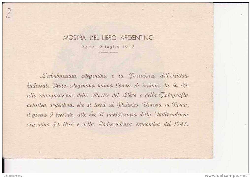 Biglietto Invito - Mostra Del Libro Argentino - ROMA 9 Luglio 1949 - Tickets - Entradas