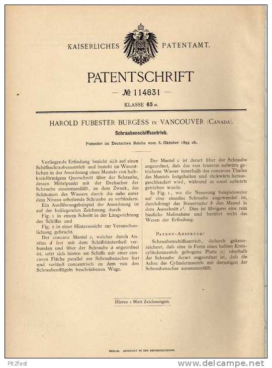 Original Patentschrift - H. Burgess In Vancouver , 1899 , Antrieb Für Schiffe , Schiffsschraube!!! - Otros & Sin Clasificación