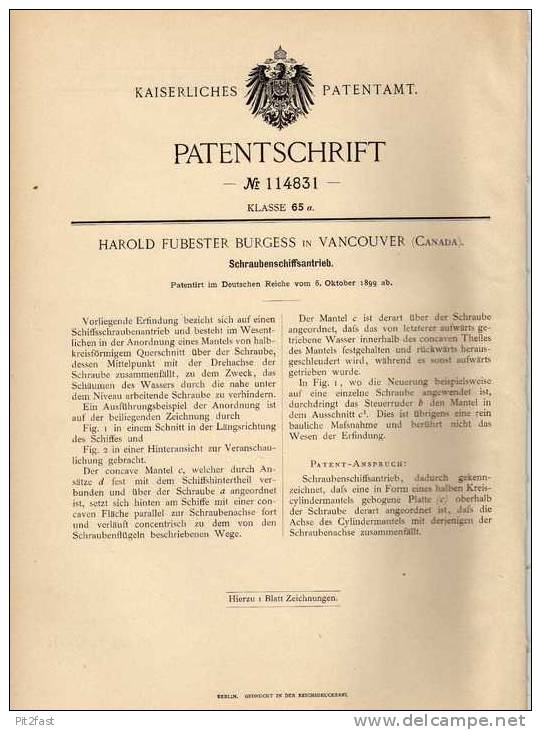 Original Patentschrift - H. Burgess In Vancouver , 1899 , Antrieb Für Schiffe , Schiffsschraube!!! - Altri & Non Classificati