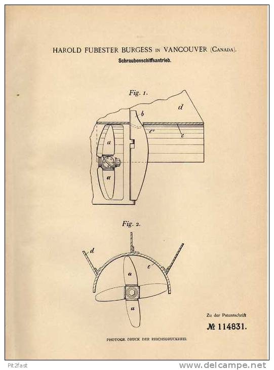 Original Patentschrift - H. Burgess In Vancouver , 1899 , Antrieb Für Schiffe , Schiffsschraube!!! - Autres & Non Classés